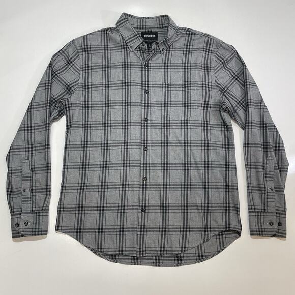 BONOBOS Men’s Plaid Gray Black Checks Long Sleeve Cotton Shirt Sz Medium - Picture 1 of 8